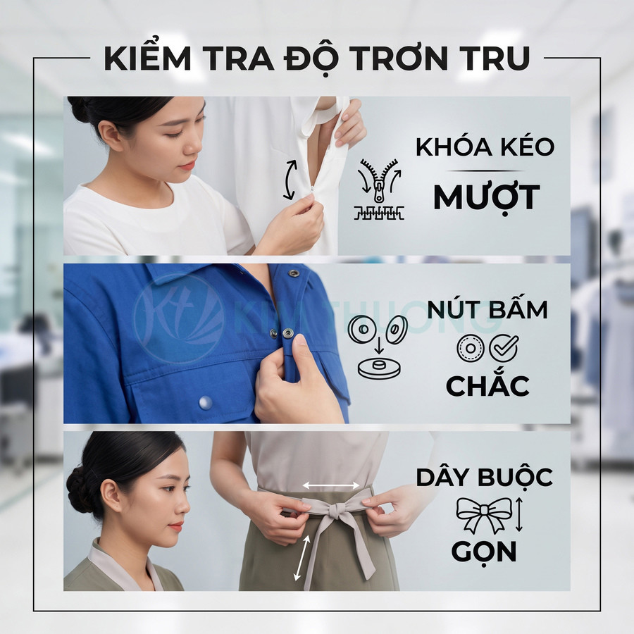 Đồng phục công sở nữ với khóa kéo mượt, nút bấm chắc chắn và dây buộc eo gọn gàng