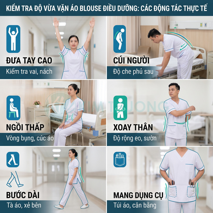 Điều dưỡng mặc áo blouse trắng thực hiện các động tác kiểm tra độ vừa vặn và tiện dụng của đồng phục