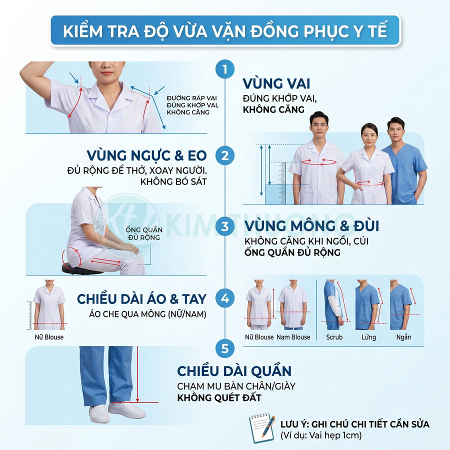 Hướng dẫn kiểm tra độ vừa vặn đồng phục y tế cho nam nữ với các vùng vai, ngực eo, mông đùi, tay áo và chiều dài quần