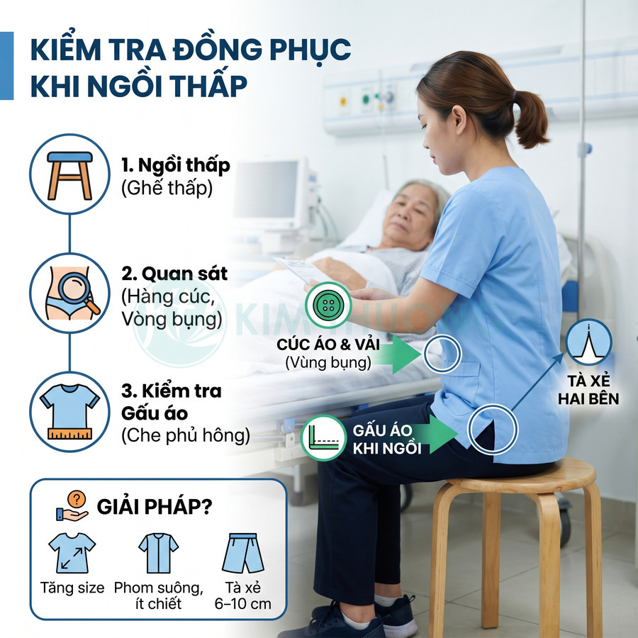 Điều dưỡng mặc đồng phục y tế xanh ngồi ghế thấp kiểm tra vạt áo khi chăm sóc bệnh nhân nằm viện