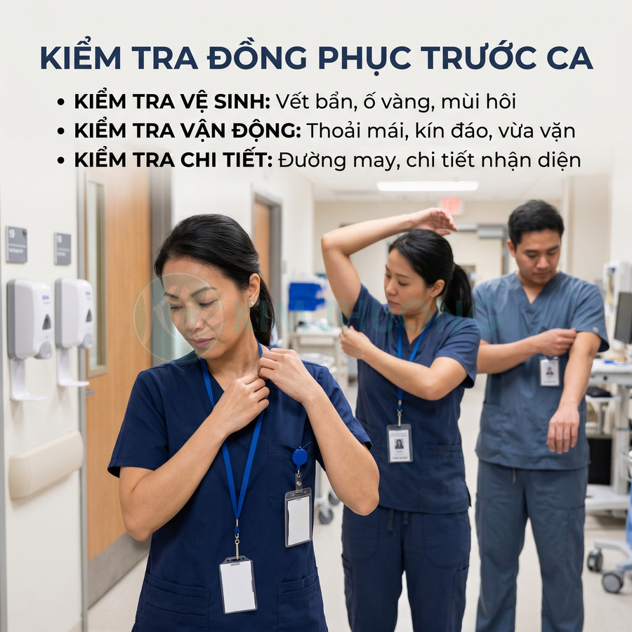Nhân viên y tế kiểm tra đồng phục bệnh viện trước ca làm việc trong hành lang bệnh viện