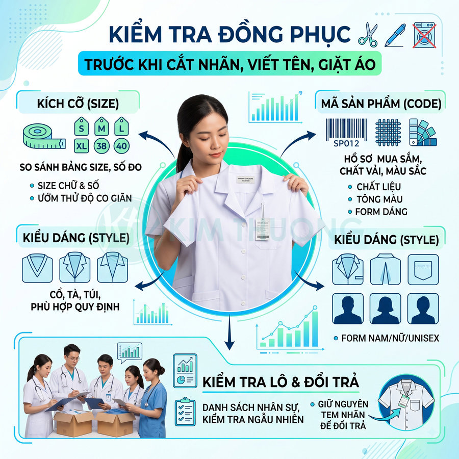 Nhân viên y tế kiểm tra áo blouse trắng mới, xem size, kiểu dáng và tem nhãn trước khi sử dụng