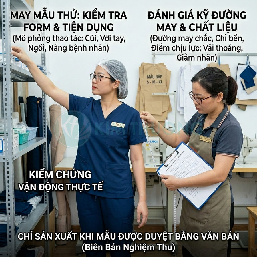 Nhân viên y tế mặc đồng phục scrub xanh được đo kiểm tra form dáng và chất liệu trong xưởng may