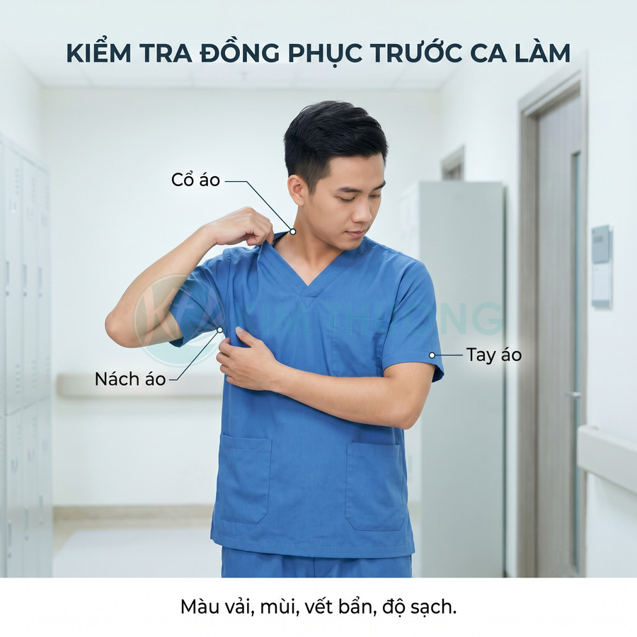 Nhân viên y tế kiểm tra cổ áo, nách áo, tay áo bộ đồng phục y khoa màu xanh trước ca làm việc