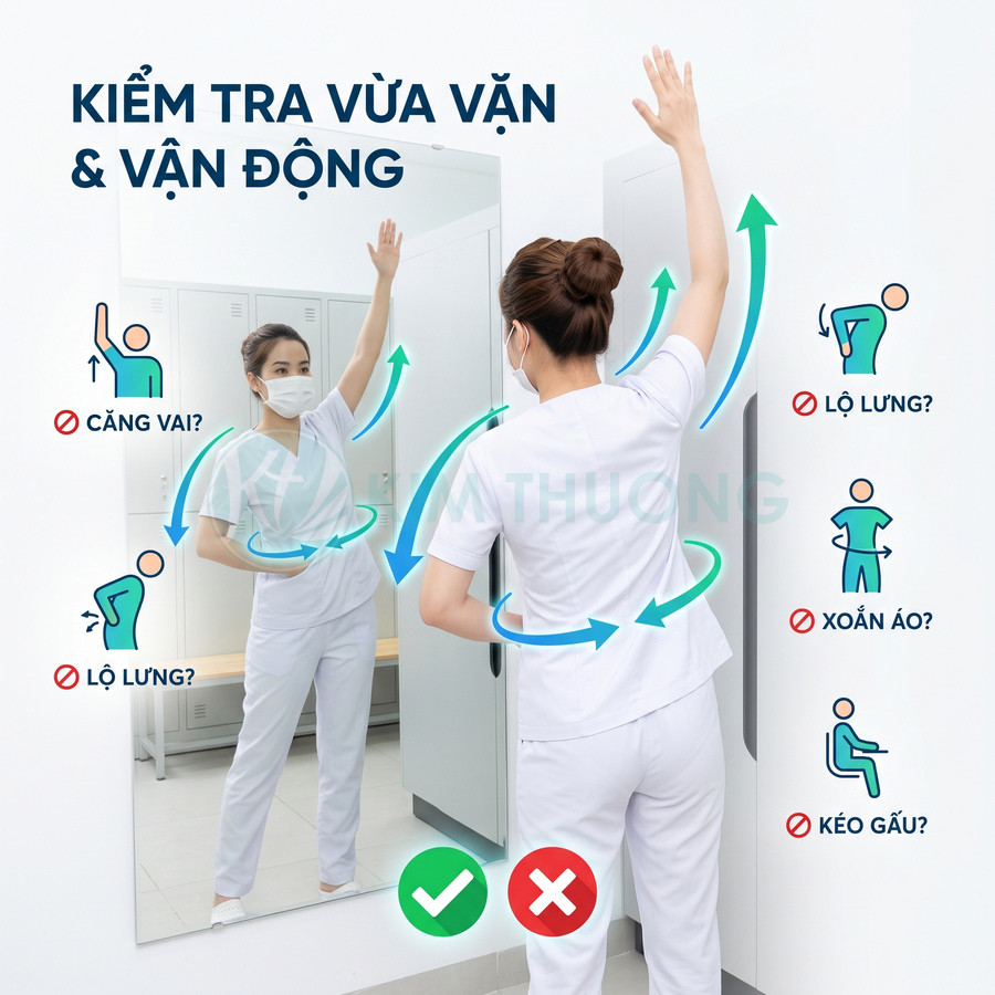 Nữ điều dưỡng mặc đồng phục y tá trắng kiểm tra độ vừa vặn và vận động trước gương