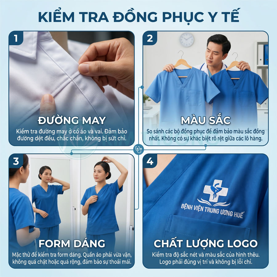 Hướng dẫn kiểm tra chất lượng đồng phục y tế về đường may, màu sắc, form dáng và logo in thêu