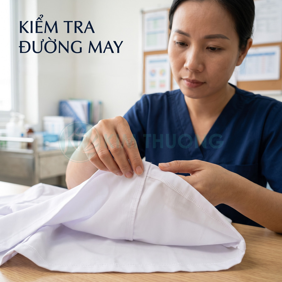 Nhân viên kiểm tra đường may trên áo blouse trắng trên bàn làm việc