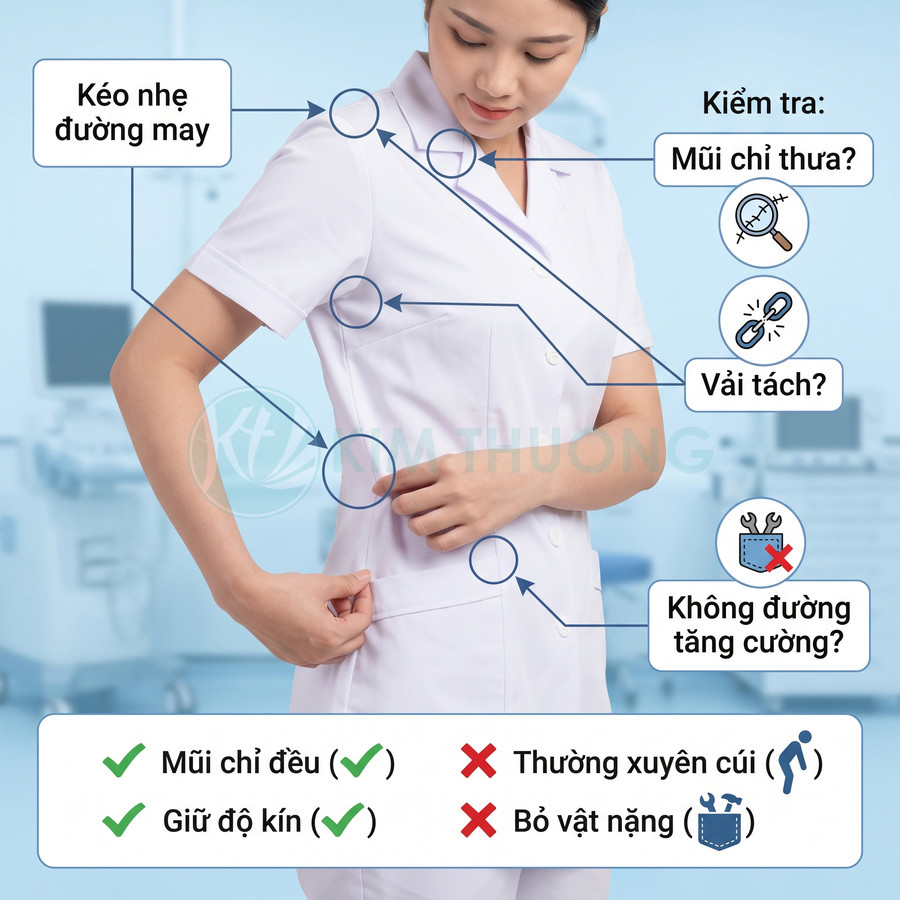 Áo blouse trắng với hướng dẫn kiểm tra đường may, mũi chỉ, vải nách và độ chắc chắn của túi áo