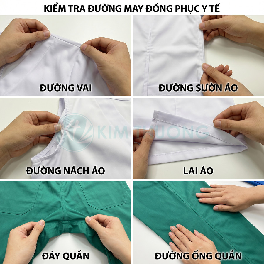 Kiểm tra đường may đồng phục y tế trắng và xanh tại vai, nách, sườn áo, lai áo, đáy quần, ống quần
