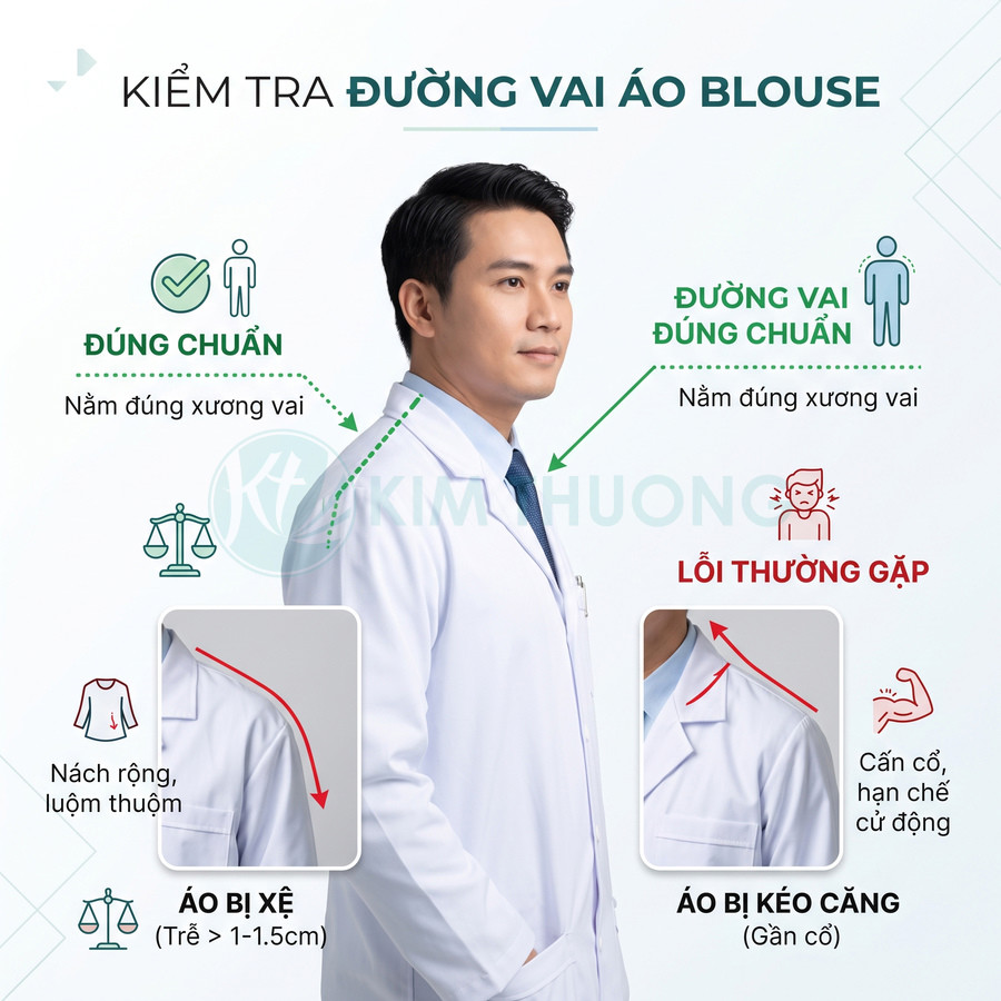 Bác sĩ nam mặc áo blouse trắng vừa vặn, minh họa đường vai áo đúng chuẩn và các lỗi thường gặp