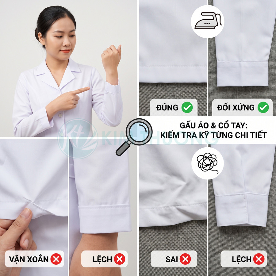 Áo blouse trắng được kiểm tra độ thẳng và cân đối của gấu áo, cổ tay, tránh bị xoắn hoặc lệch.