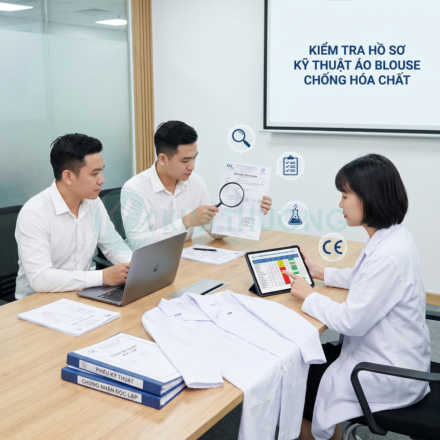 Áo blouse trắng chống hóa chất được kiểm tra hồ sơ kỹ thuật và chứng nhận an toàn bởi nhóm chuyên gia y tế
