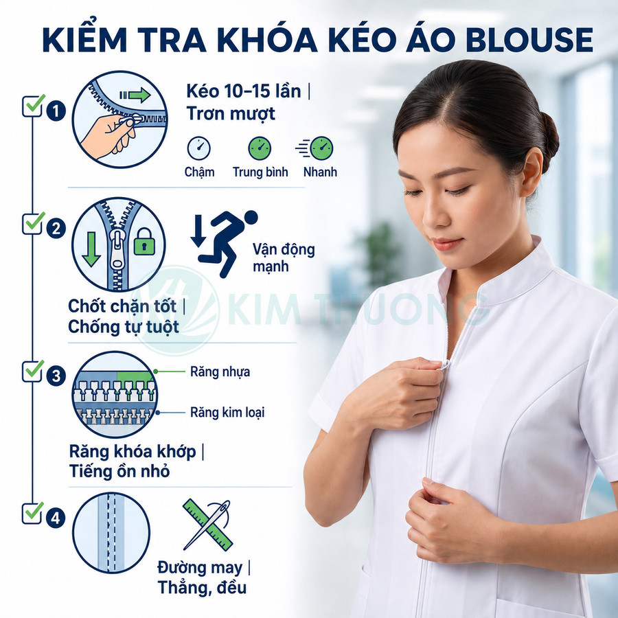 Hướng dẫn kiểm tra khóa kéo áo blouse y tế với nữ nhân viên đang kéo thử khóa áo trắng