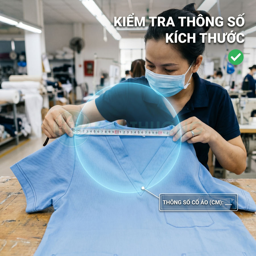 Nhân viên đo kích thước cổ áo đồng phục y tế màu xanh bằng thước dây trong xưởng may
