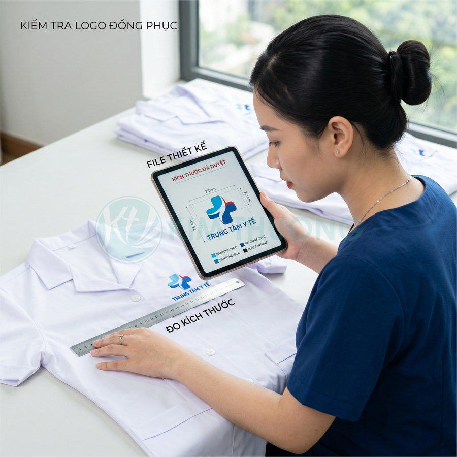 Nhân viên đo kích thước logo Trung tâm Y tế trên áo đồng phục trắng bằng thước và máy tính bảng