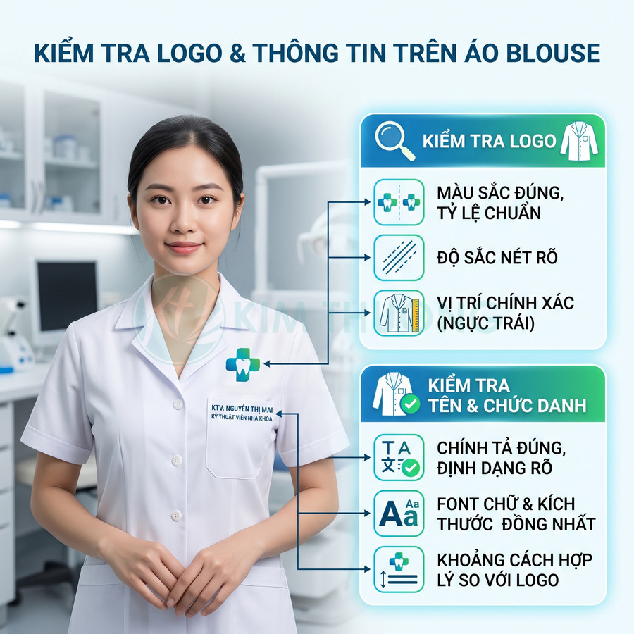 Áo blouse nha khoa trắng in logo và tên kỹ thuật viên ở ngực trái trong phòng khám hiện đại
