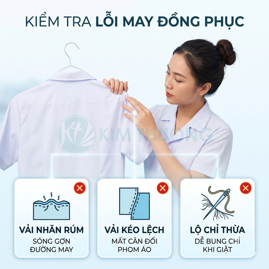 Nhân viên kiểm tra lỗi may trên áo đồng phục trắng treo móc, chú ý vải nhăn, vải kéo lệch và lộ chỉ thừa