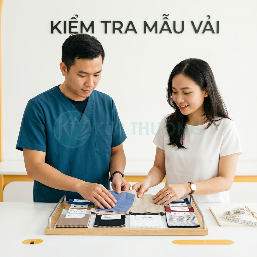 Nhân viên tư vấn cùng khách hàng chọn mẫu vải may đồng phục trên khay trưng bày nhiều chất liệu khác nhau
