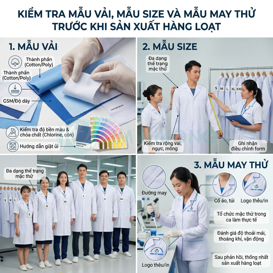 Quy trình kiểm tra mẫu vải, mẫu size và mẫu áo blouse phòng thí nghiệm trước khi sản xuất hàng loạt