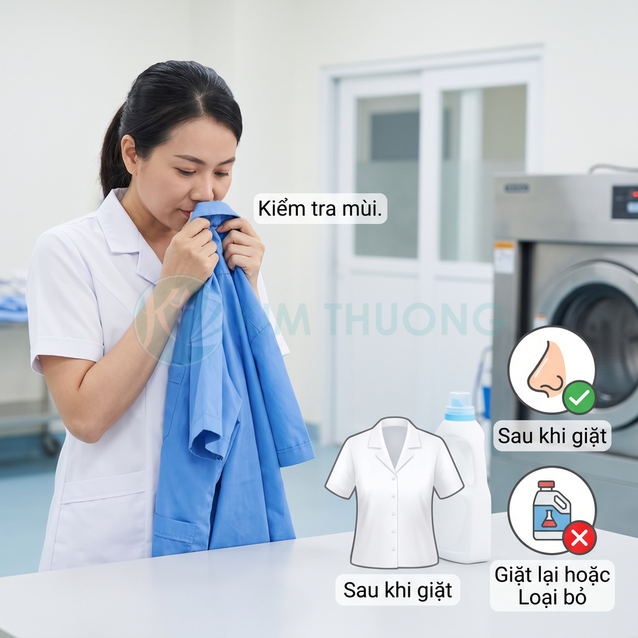 Chai nước giặt cạnh áo blouse và nhân viên kiểm tra mùi quần áo sau khi giặt
