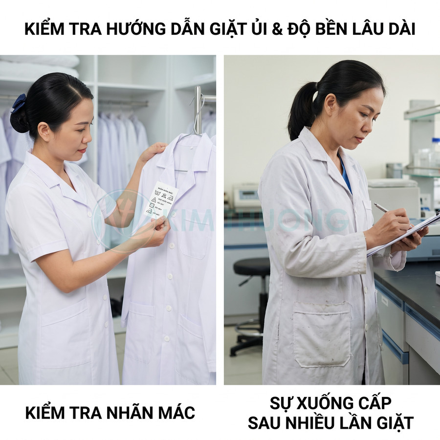 Áo blouse phòng thí nghiệm mới và áo blouse cũ xuống cấp sau nhiều lần giặt được nhân viên nữ kiểm tra