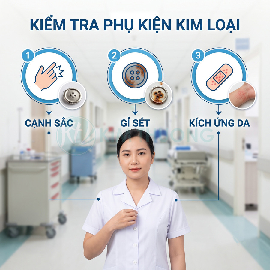 Nhân viên y tế kiểm tra phụ kiện kim loại trên áo để tránh cạnh sắc gỉ sét gây kích ứng da