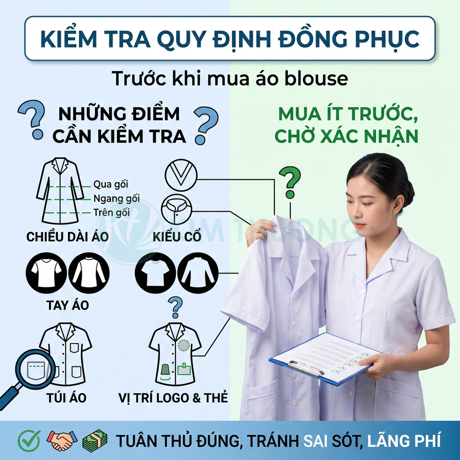 Nhân viên nữ kiểm tra áo blouse trắng và ghi chú quy định đồng phục trên bảng kẹp hồ sơ