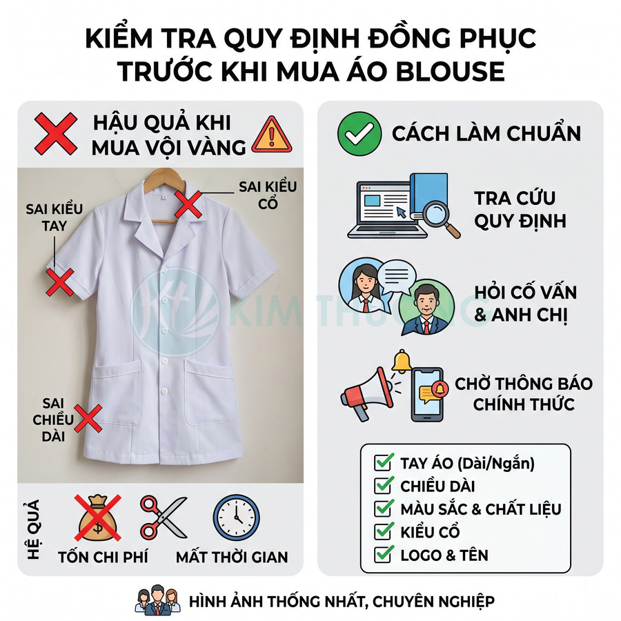Áo blouse trắng nữ treo trên móc kèm hướng dẫn kiểm tra quy định đồng phục trước khi mua