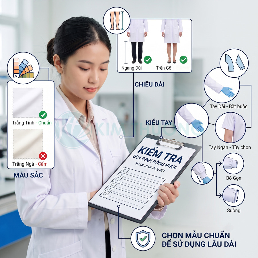 Áo blouse bác sĩ màu trắng tinh chuẩn, tay dài, form ngang đùi, nữ nhân viên y tế kiểm tra quy định đồng phục