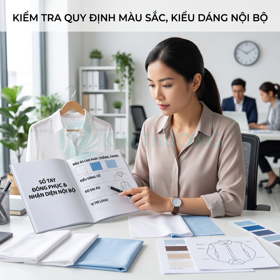 Nhân viên văn phòng xem sổ tay quy định màu sắc và thiết kế đồng phục công ty trên bàn làm việc
