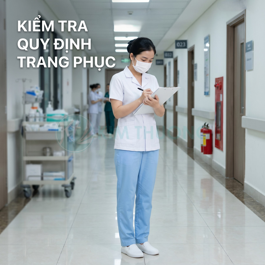 Nữ y tá mặc đồng phục y tế trắng xanh đeo khẩu trang kiểm tra ghi chép trong hành lang bệnh viện