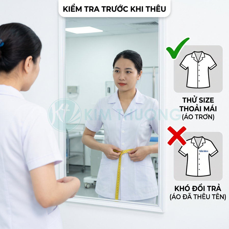 Nhân viên y tế mặc áo blouse trắng soi gương đo vòng eo để chọn size áo trước khi thêu tên