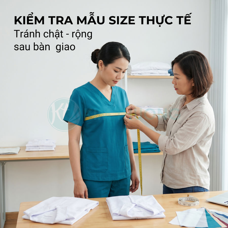 Đo vòng ngực nữ nhân viên mặc đồng phục y tế màu xanh để chọn size áo chuẩn