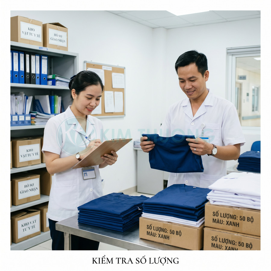Nhân viên kho kiểm tra và ghi chép số lượng đồng phục y tế màu xanh trên bàn làm việc