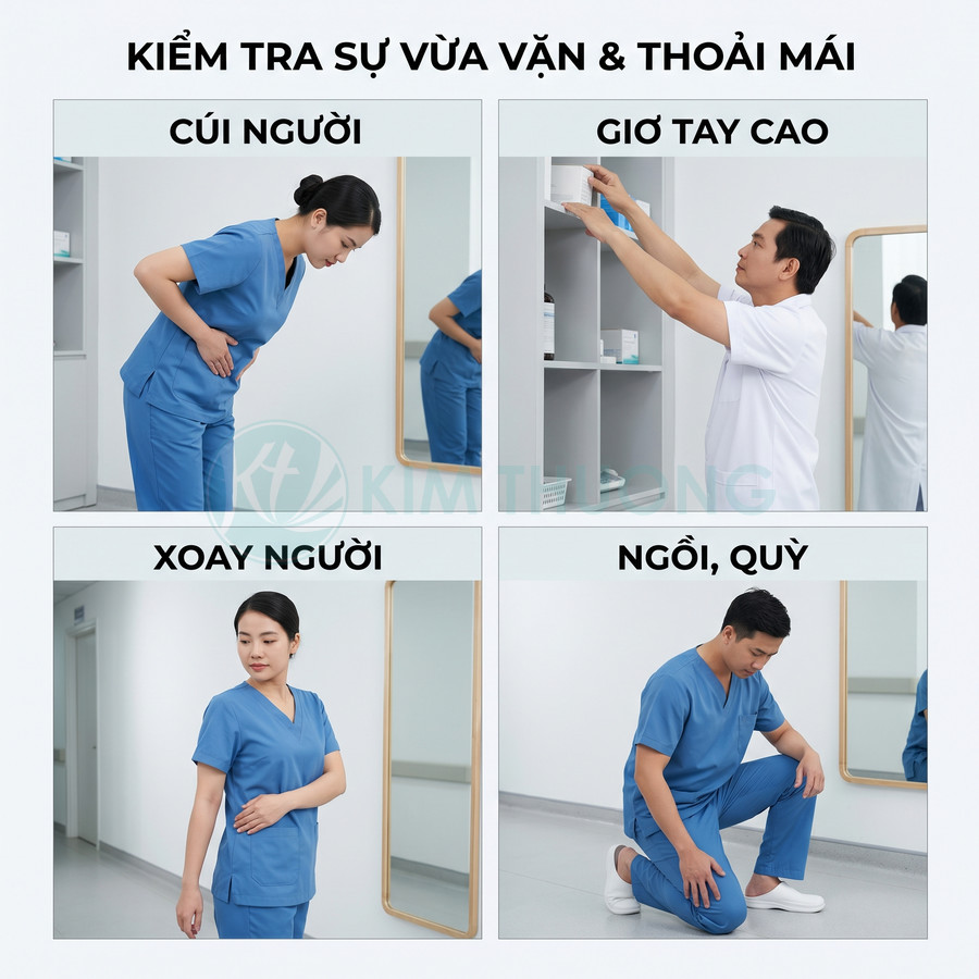 Nhân viên y tế mặc đồng phục scrub xanh kiểm tra độ thoải mái khi cúi, giơ tay, xoay người, ngồi quỳ