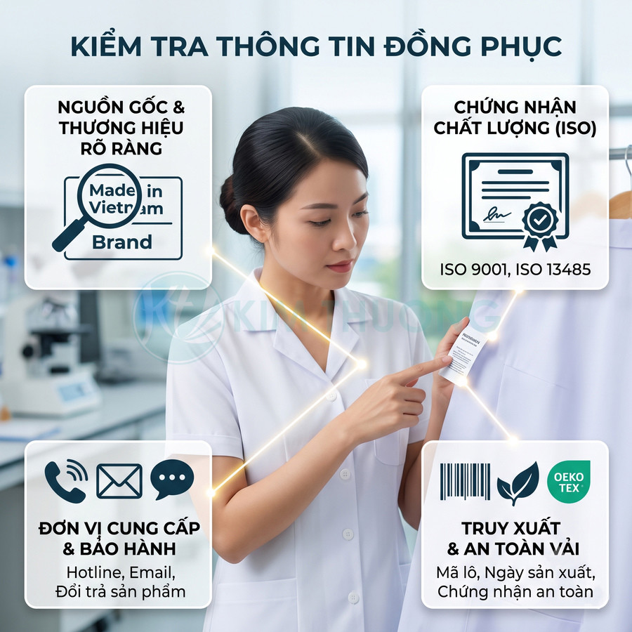 Nhân viên y tế kiểm tra nhãn đồng phục phòng lab với thông tin nguồn gốc, chứng nhận ISO và an toàn vải