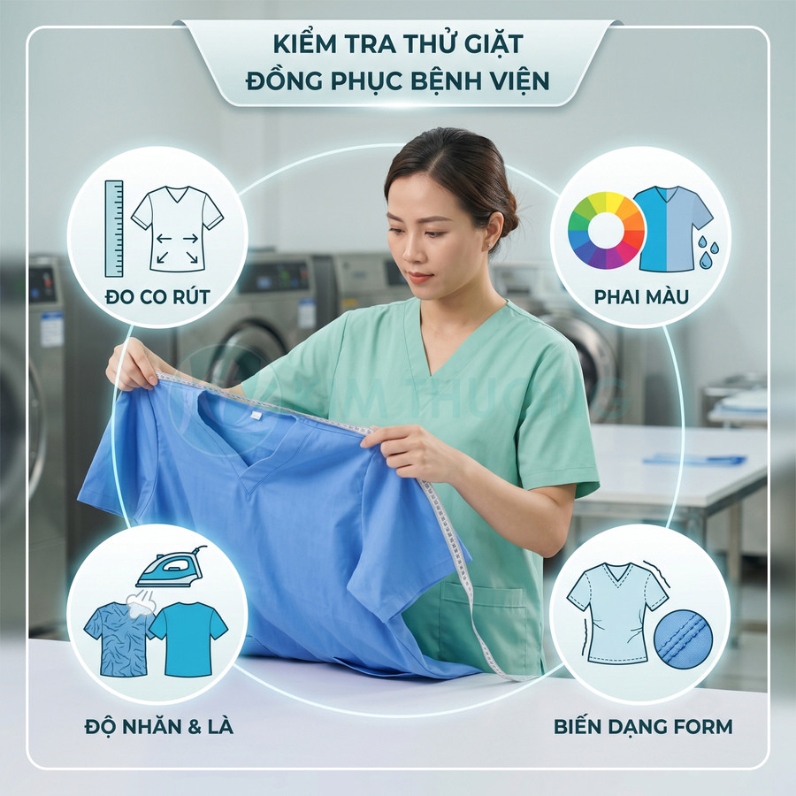 Nhân viên y tế đo kiểm tra áo đồng phục bệnh viện màu xanh trong phòng giặt chuyên dụng