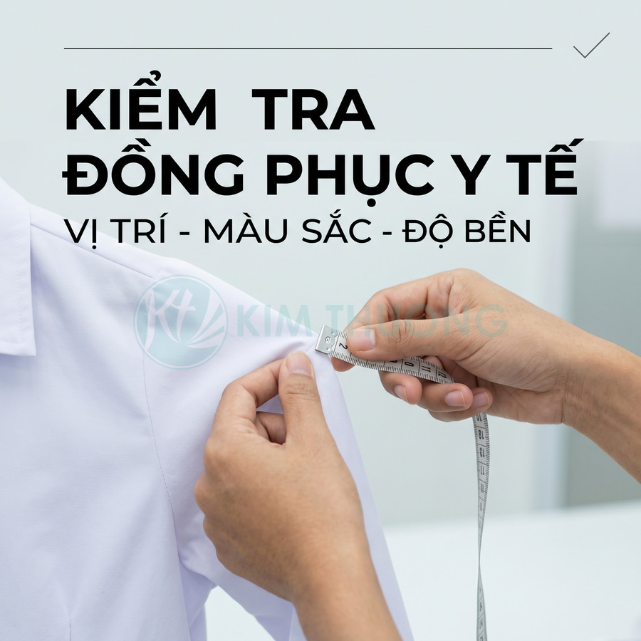 Đo kích thước tay áo đồng phục y tế màu trắng bằng thước dây để kiểm tra chất lượng