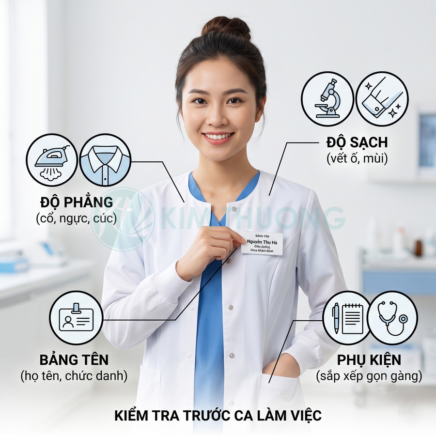 Nữ điều dưỡng mặc áo blouse trắng cầm bảng tên, minh họa các tiêu chí kiểm tra đồng phục trước ca làm việc