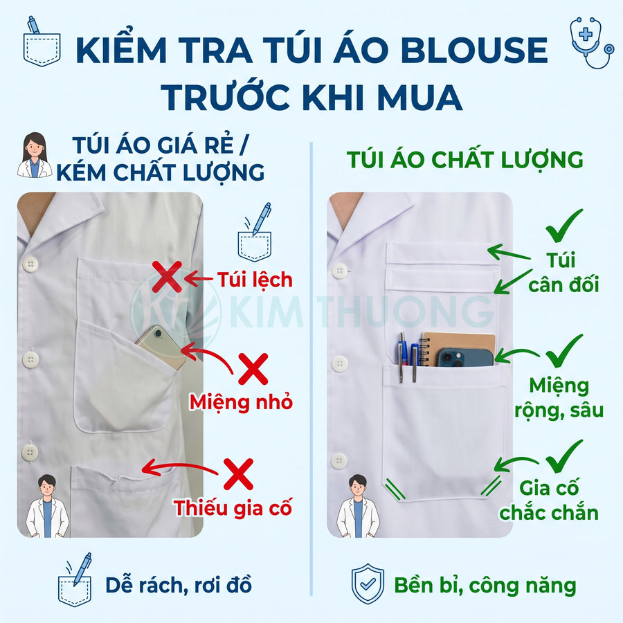 So sánh túi áo blouse giá rẻ và túi áo blouse chất lượng với điện thoại, sổ tay và bút trong túi
