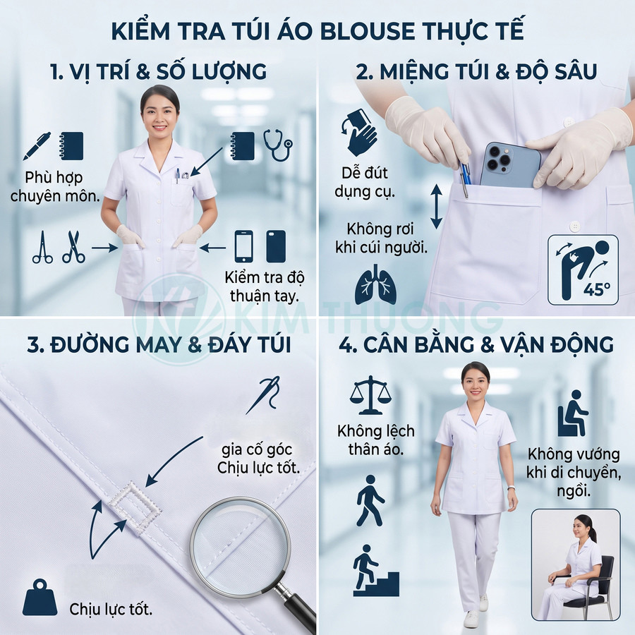 Hướng dẫn kiểm tra túi áo blouse y tá màu trắng với điện thoại iPhone và dụng cụ y tế trong túi