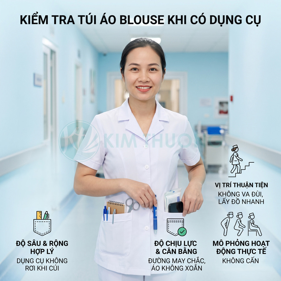 Nữ y tá mặc áo blouse trắng túi lớn đựng bút sổ điện thoại trong hành lang bệnh viện