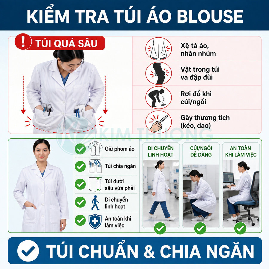 Áo blouse y khoa với thiết kế túi chuẩn và chia ngăn giúp di chuyển linh hoạt, an toàn khi làm việc