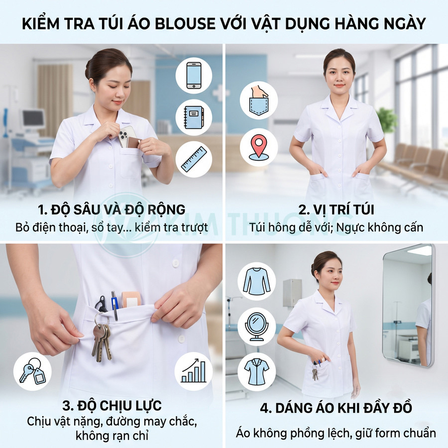 Áo blouse y tá trắng với nhiều túi tiện dụng đựng điện thoại, bút, chìa khóa trong phòng khám