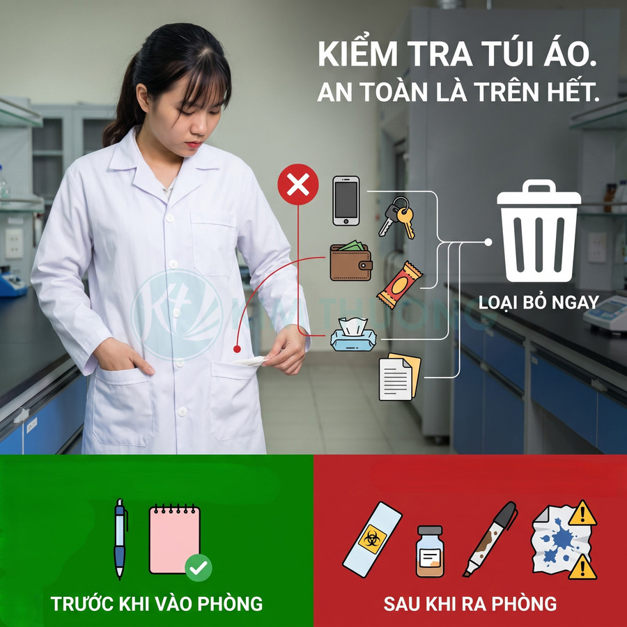 Nhân viên y tế kiểm tra túi áo, loại bỏ vật dụng cá nhân trước khi vào phòng và rác sau khi ra phòng