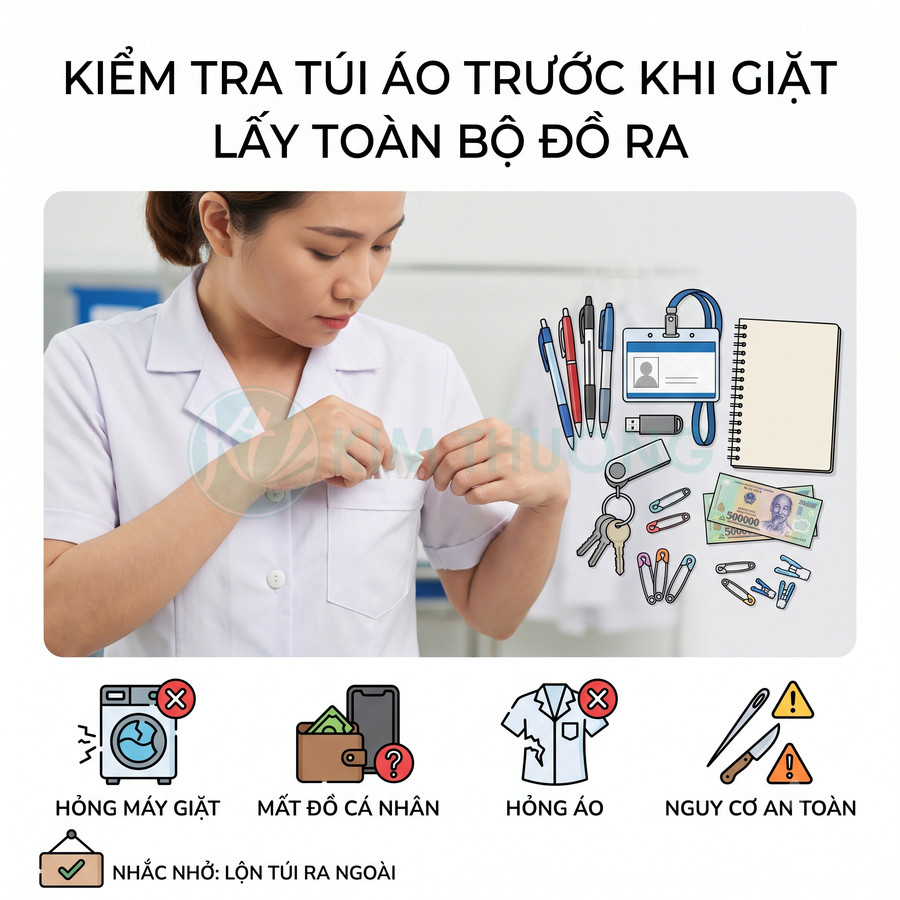 Người phụ nữ kiểm tra túi áo đồng phục trắng trước khi giặt để lấy hết đồ cá nhân ra