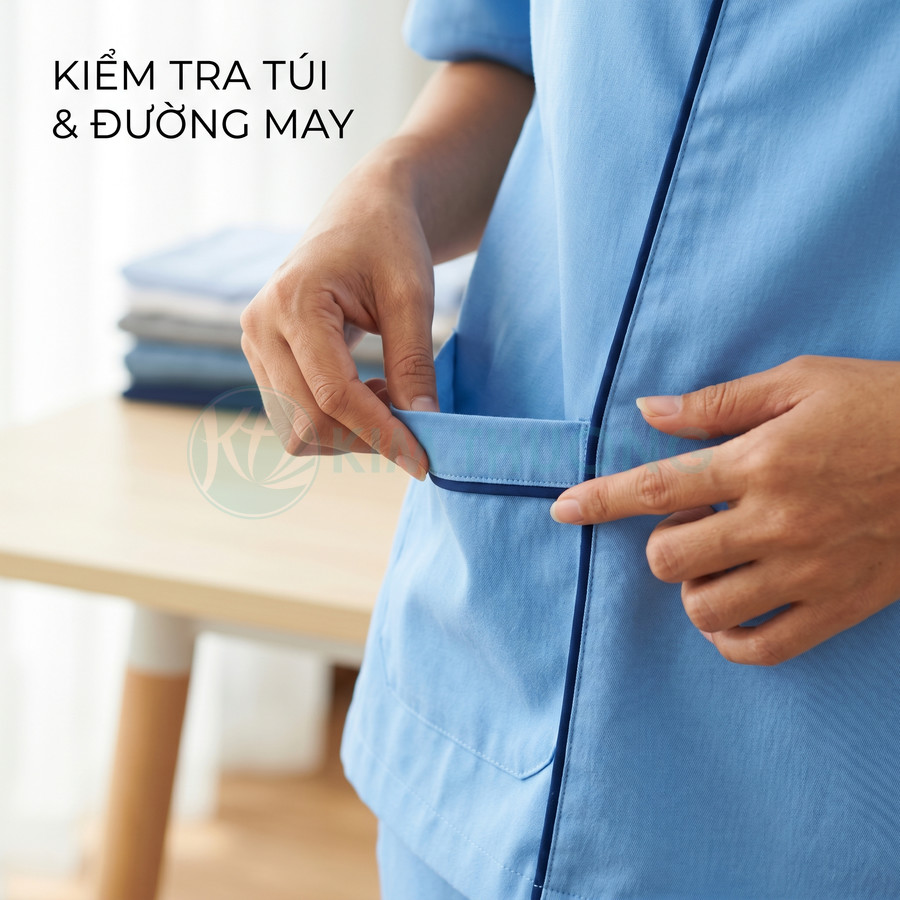 Người mặc đồng phục y tế màu xanh kiểm tra túi và đường may trên áo