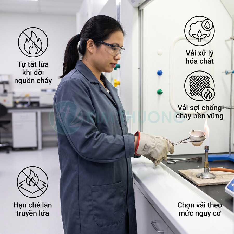 Mẫu vải chống cháy được thử nghiệm trên ngọn lửa trong phòng thí nghiệm