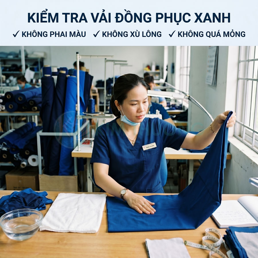 Nhân viên may mặc kiểm tra chất lượng vải đồng phục xanh trên bàn trong xưởng may