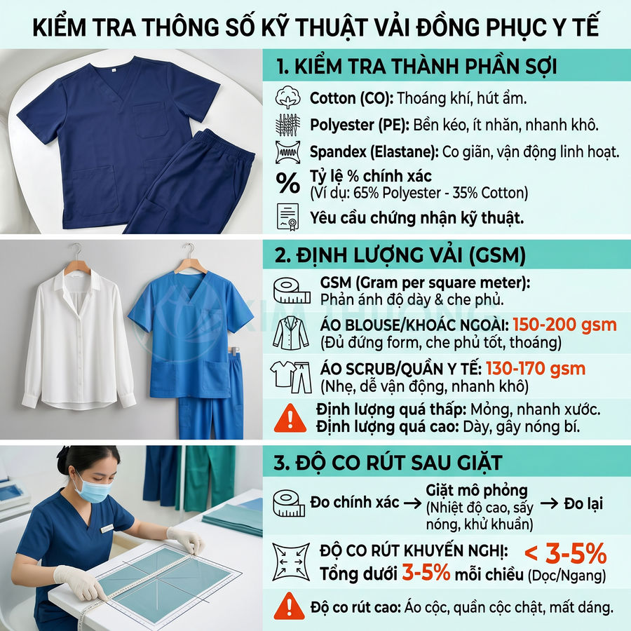 Hướng dẫn kiểm tra thông số kỹ thuật vải cho đồng phục y tế, áo blouse và đồ scrub cho nhân viên y tế